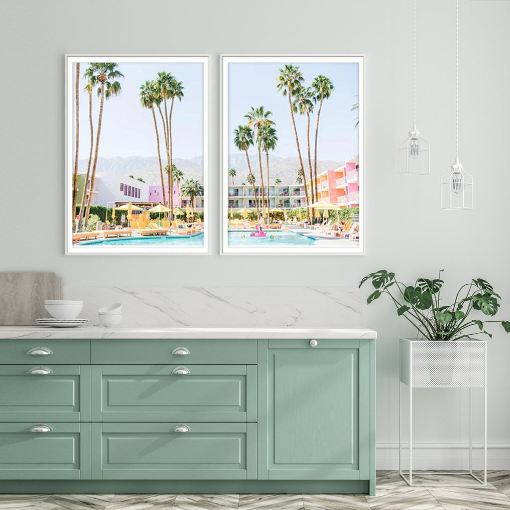 70cmx100cm Saguaro Hotel canvas wall art set in white frame, showcasing vibrant colors and a floating effect.