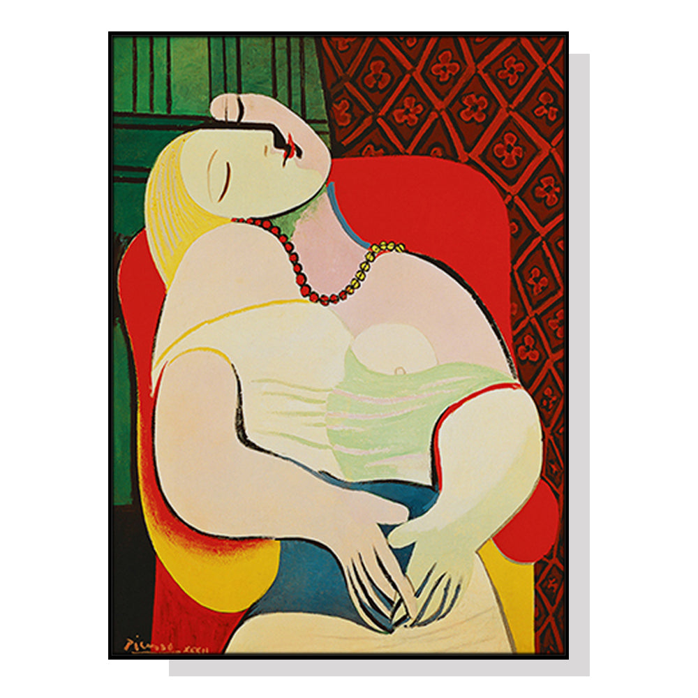 70cmx100cm canvas wall art of 'The Dream' by Picasso, elegantly framed with a floating effect, showcasing vibrant colors and premium quality.