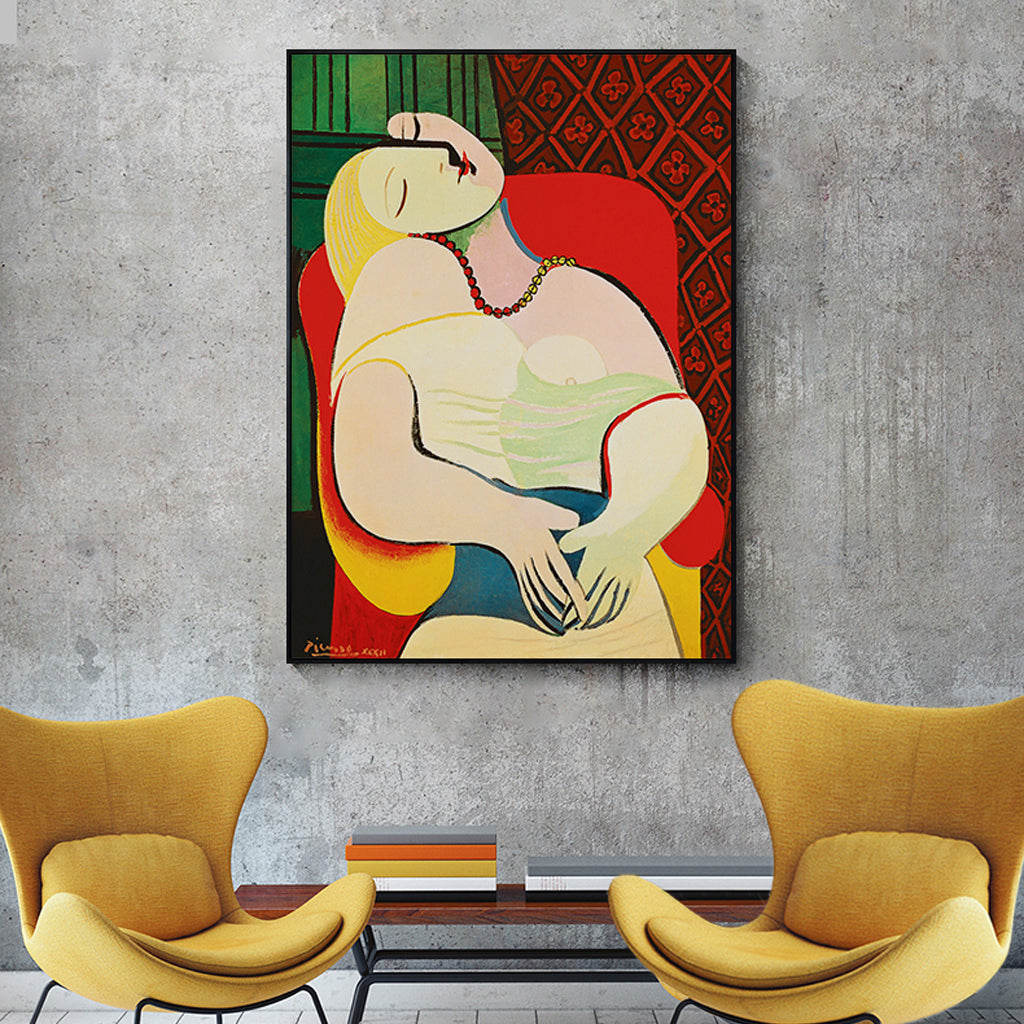 70cmx100cm canvas wall art of 'The Dream' by Picasso, elegantly framed with a floating effect, showcasing vibrant colors and premium quality.