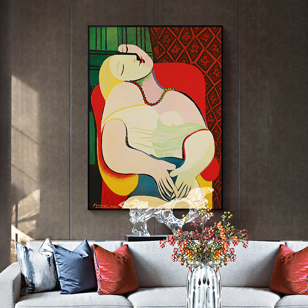 70cmx100cm canvas wall art of 'The Dream' by Picasso, elegantly framed with a floating effect, showcasing vibrant colors and premium quality.