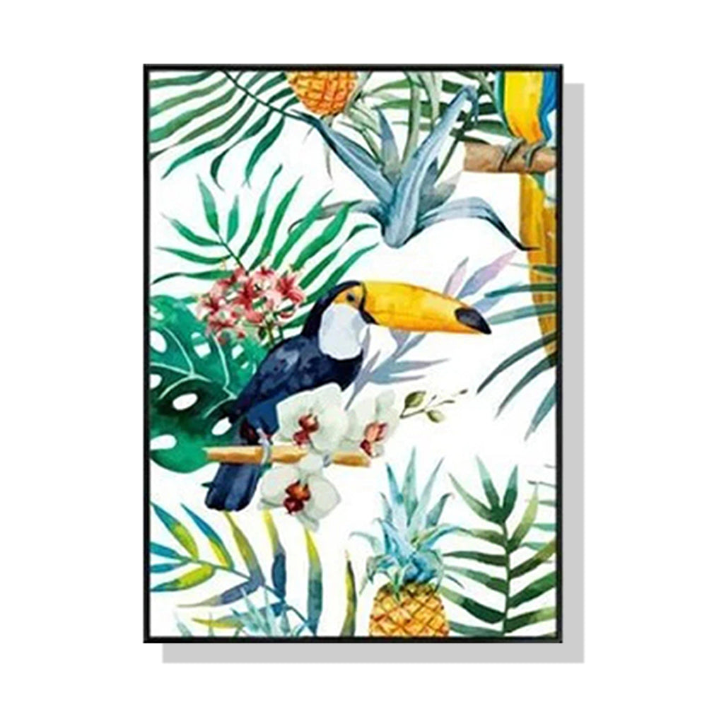 70cmx100cm Toucan plants canvas wall art with a black frame, showcasing vibrant colors and a floating effect.