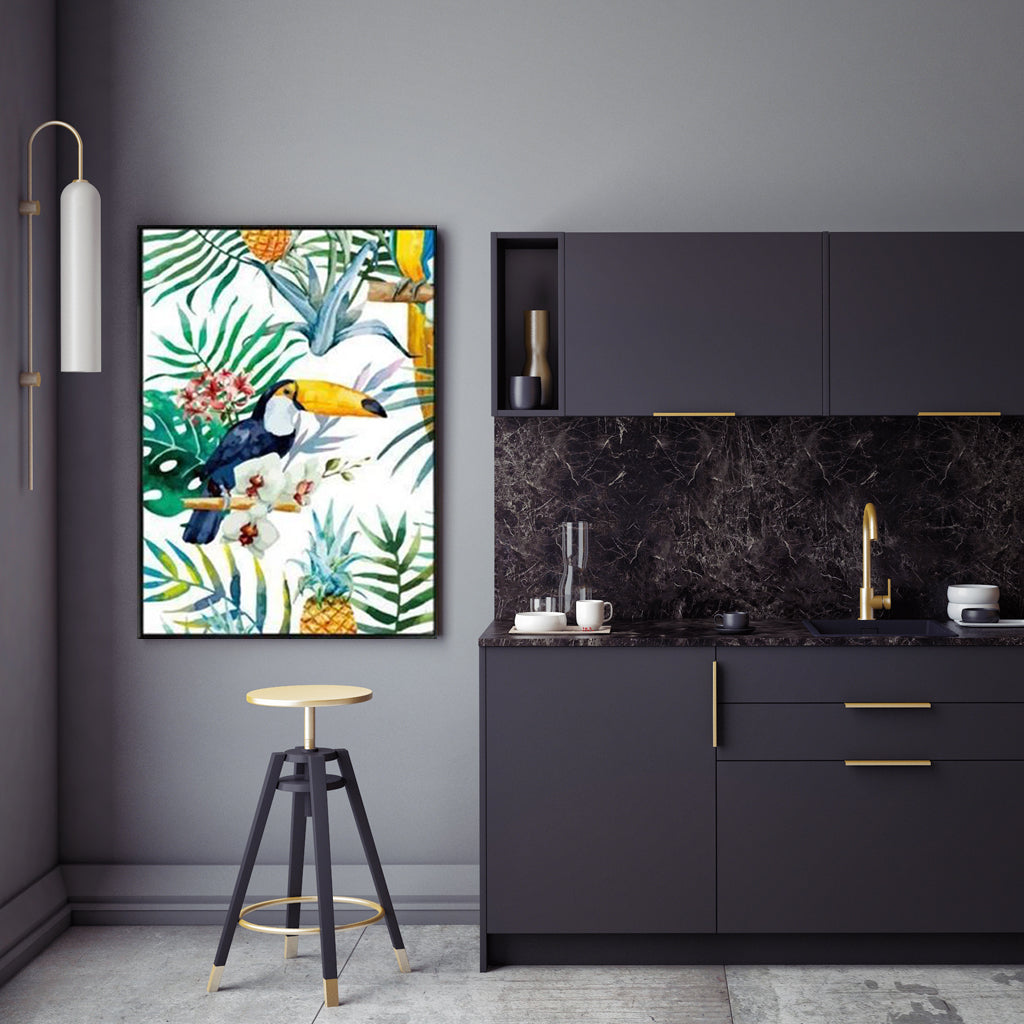 70cmx100cm Toucan plants canvas wall art with a black frame, showcasing vibrant colors and a floating effect.