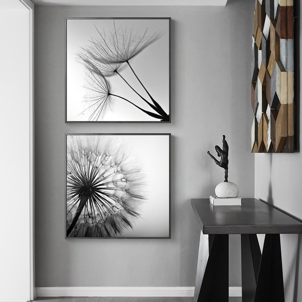 70cmx70cm black and white dandelion canvas wall art set in elegant black frames, showcasing a modern design for home decor.