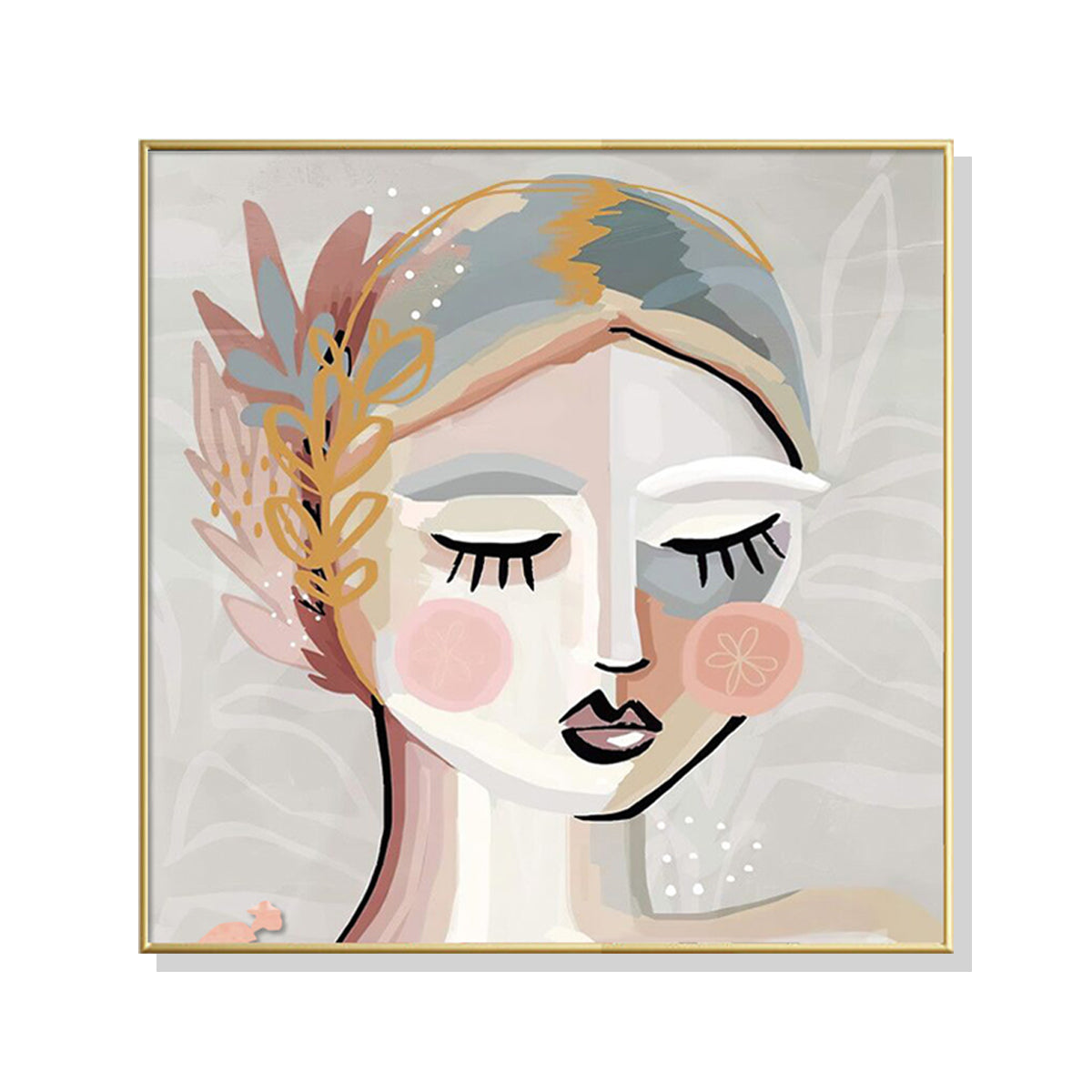 70cmx70cm Calm Girl Canvas Wall Art in a gold frame, showcasing a serene girl illustration, perfect for home decor.