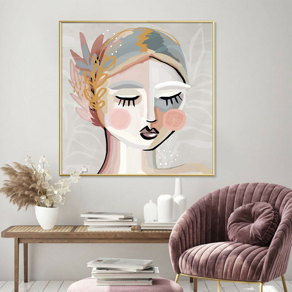 70cmx70cm Calm Girl Canvas Wall Art in a gold frame, showcasing a serene girl illustration, perfect for home decor.