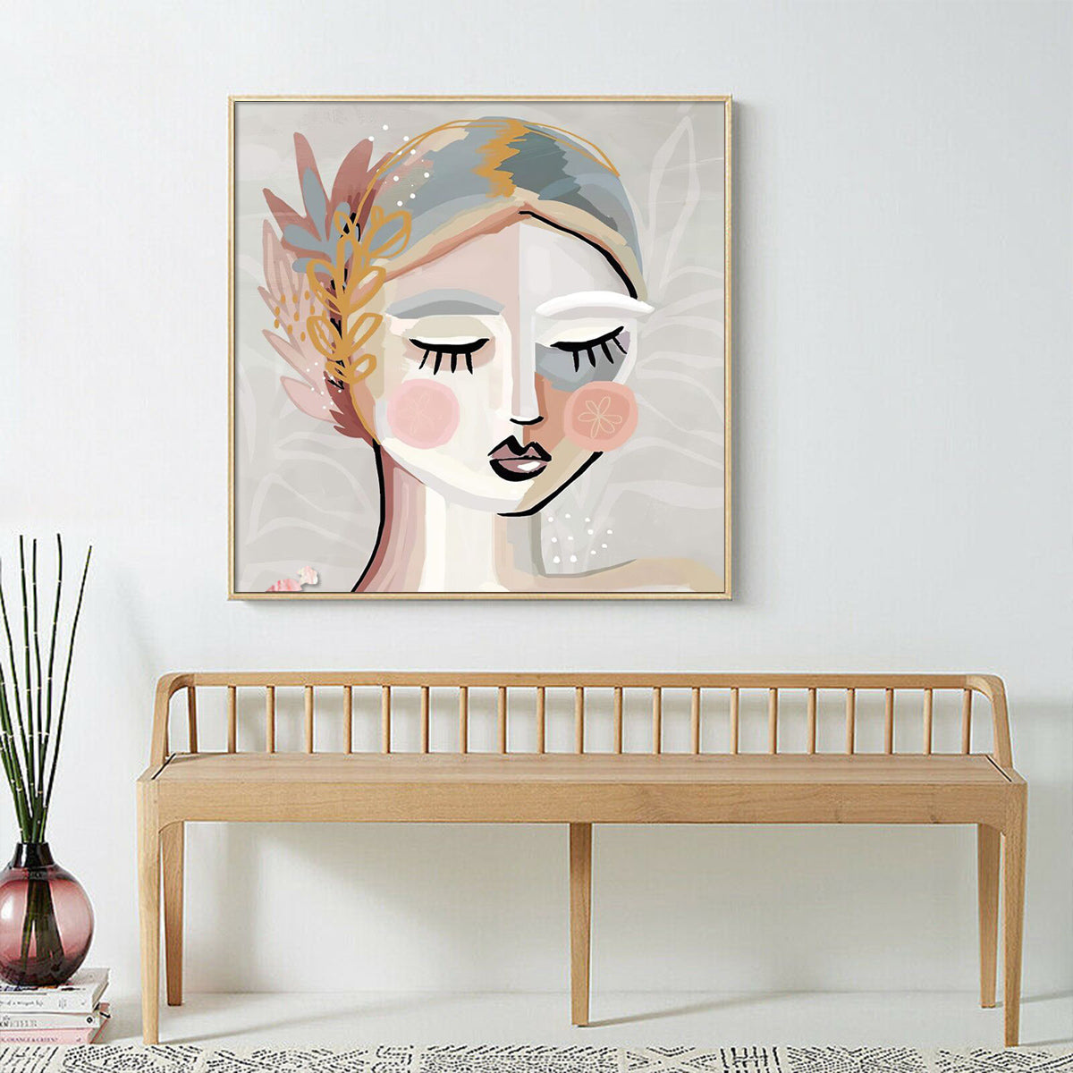 70cmx70cm Calm Girl Canvas Wall Art in a gold frame, showcasing a serene girl illustration, perfect for home decor.