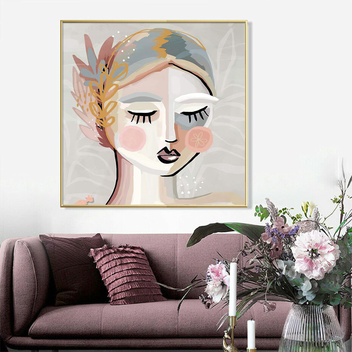 70cmx70cm Calm Girl Canvas Wall Art in a gold frame, showcasing a serene girl illustration, perfect for home decor.