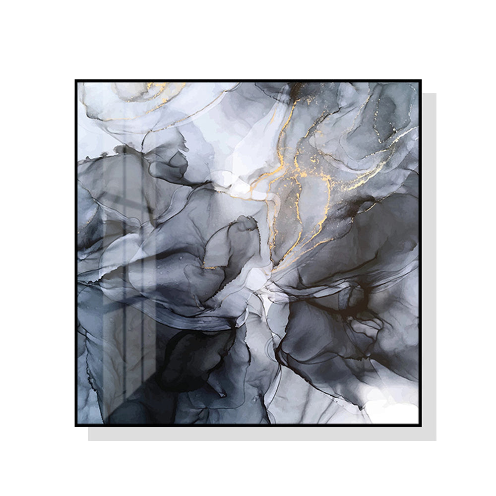 70cmx70cm Marbled Black Grey Canvas Wall Art with a black frame, showcasing a modern abstract design.