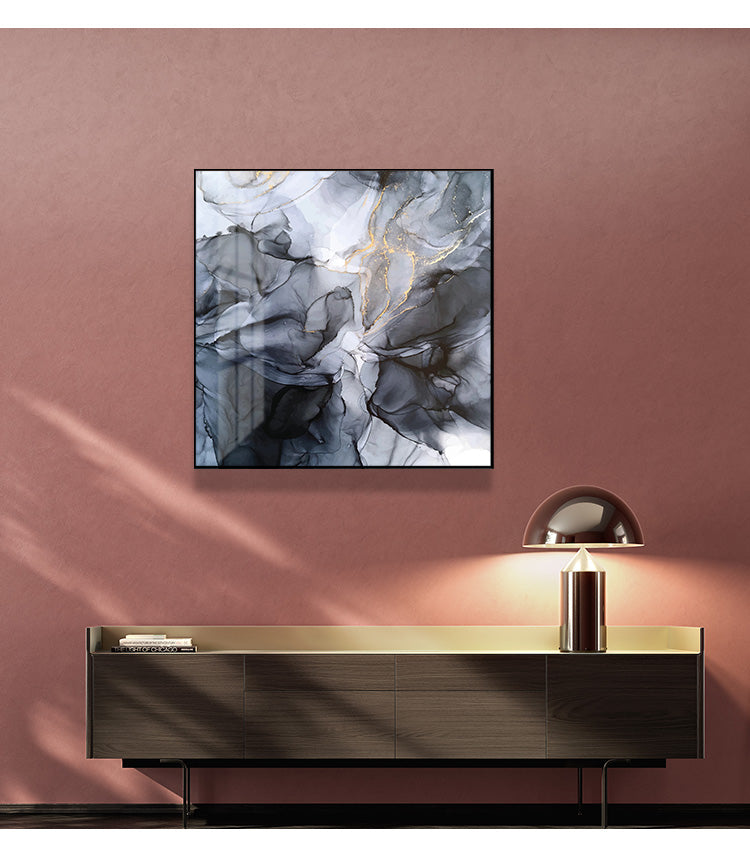 70cmx70cm Marbled Black Grey Canvas Wall Art with a black frame, showcasing a modern abstract design.