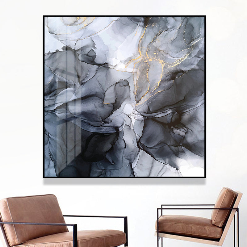 70cmx70cm Marbled Black Grey Canvas Wall Art with a black frame, showcasing a modern abstract design.