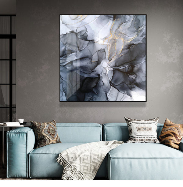 70cmx70cm Marbled Black Grey Canvas Wall Art with a black frame, showcasing a modern abstract design.