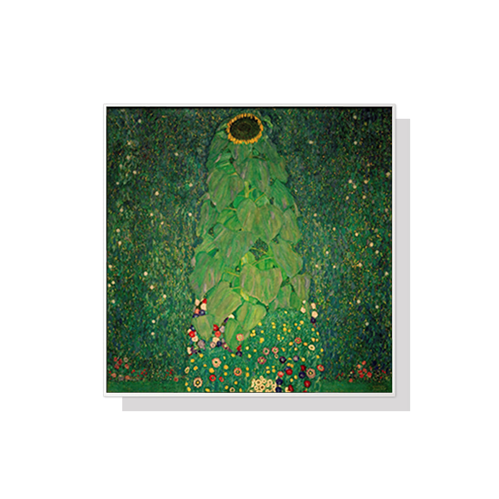 70cmx70cm canvas wall art featuring Gustav Klimt's Sunflower, framed in a modern white floating frame, showcasing vibrant colors and intricate details.