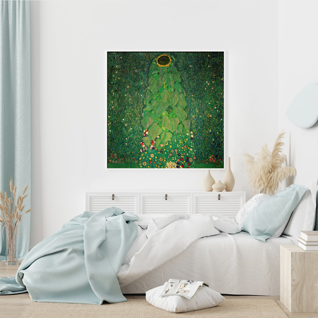 70cmx70cm canvas wall art featuring Gustav Klimt's Sunflower, framed in a modern white floating frame, showcasing vibrant colors and intricate details.