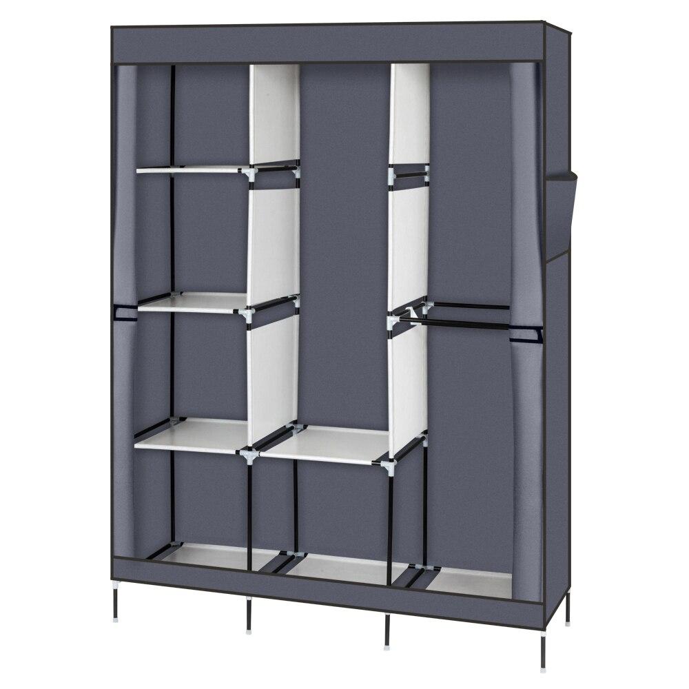 71-inch portable closet wardrobe in gray and navy blue, featuring multiple drawers and a zipper closure for organized storage.