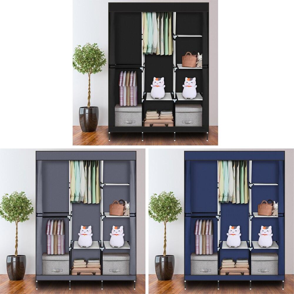 71-inch portable closet wardrobe in gray and navy blue, featuring multiple drawers and a zipper closure for organized storage.