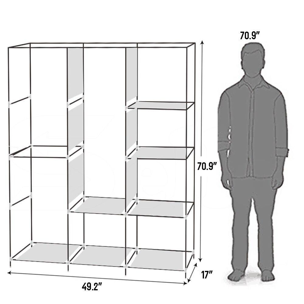 71-inch portable closet wardrobe in gray and navy blue, featuring multiple drawers and a zipper closure for organized storage.