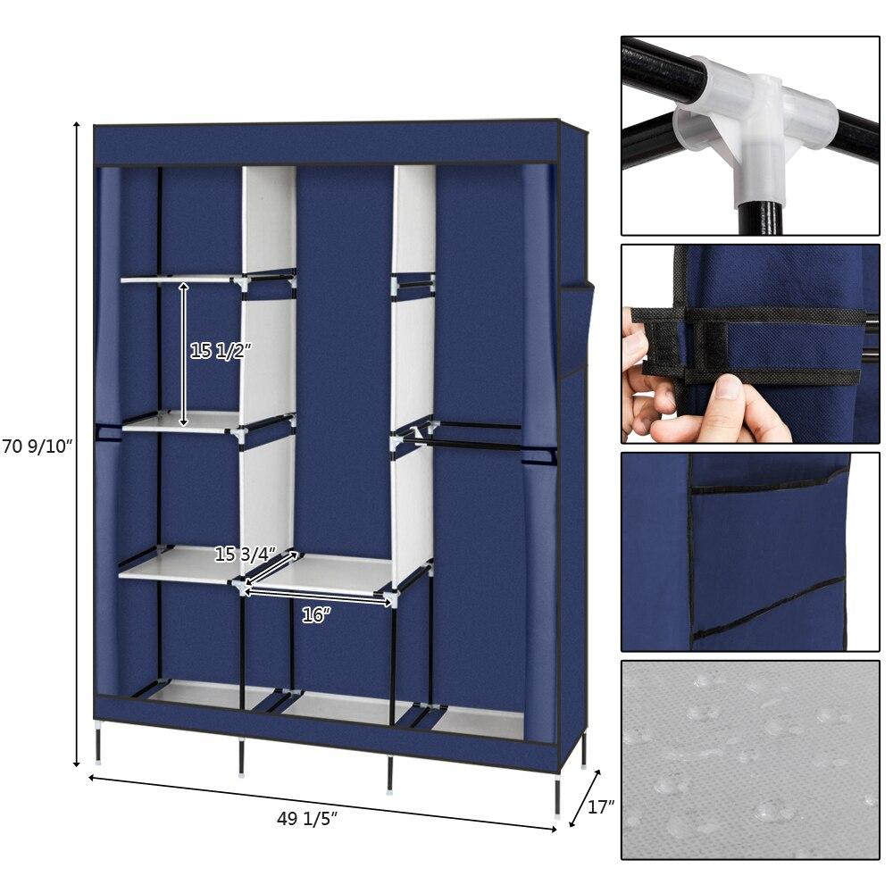 71-inch portable closet wardrobe in gray and navy blue, featuring multiple drawers and a zipper closure for organized storage.