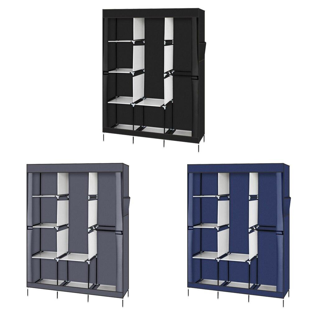 71-inch portable closet wardrobe in gray and navy blue, featuring multiple drawers and a zipper closure for organized storage.