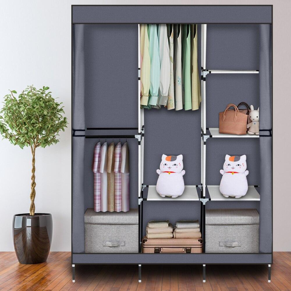 71-inch portable closet wardrobe in gray and navy blue, featuring multiple drawers and a zipper closure for organized storage.