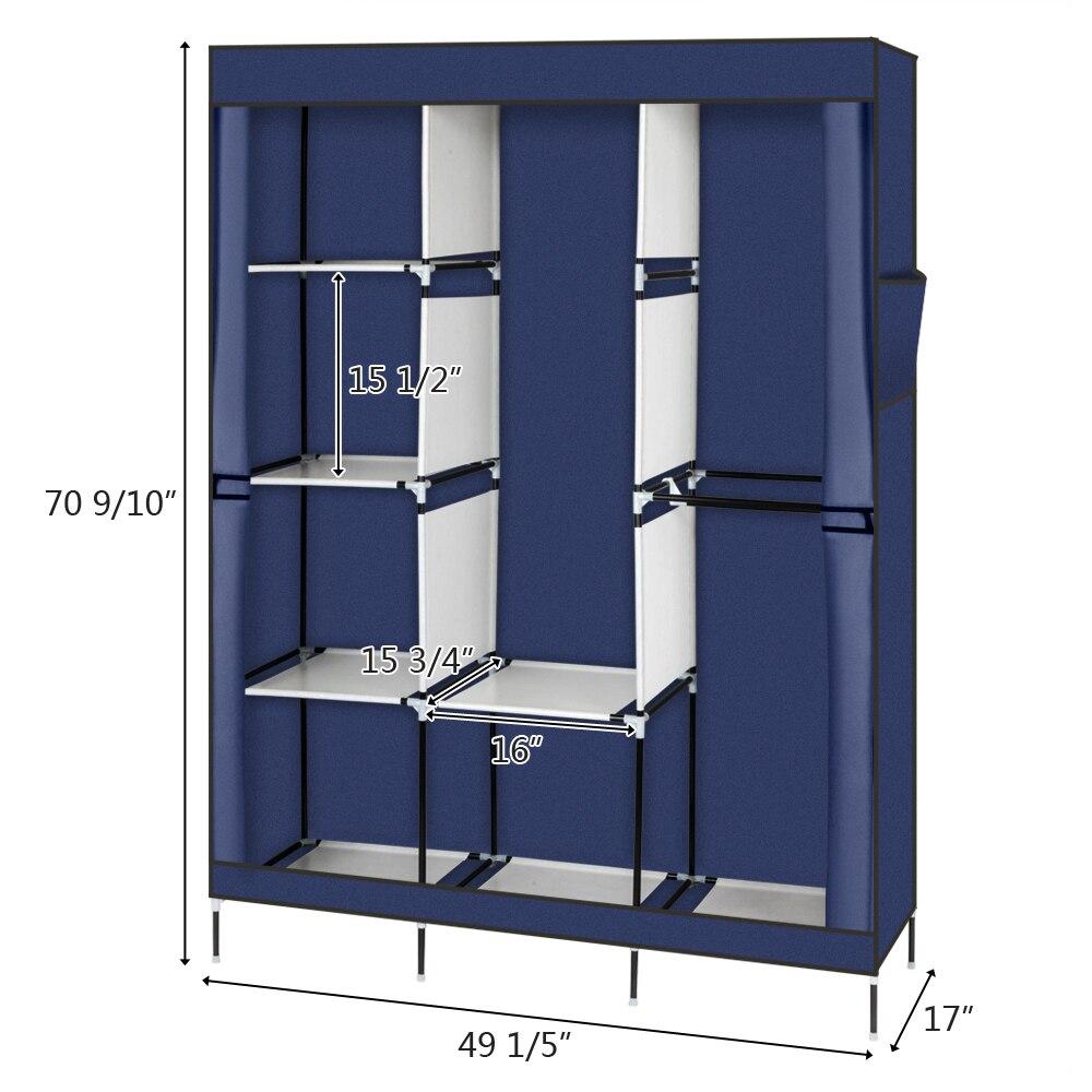 71-inch portable closet wardrobe in gray and navy blue, featuring multiple drawers and a zipper closure for organized storage.