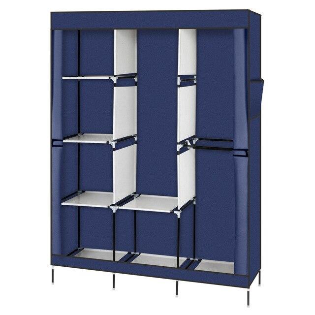 71-inch portable closet wardrobe in gray and navy blue, featuring multiple drawers and a zipper closure for organized storage.