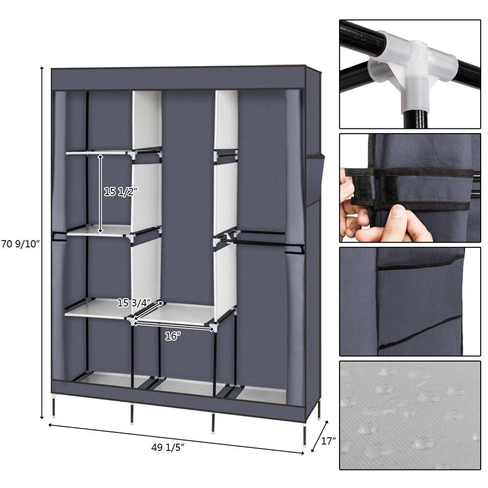 71-inch portable closet wardrobe in gray and navy blue, featuring multiple drawers and a zipper closure for organized storage.