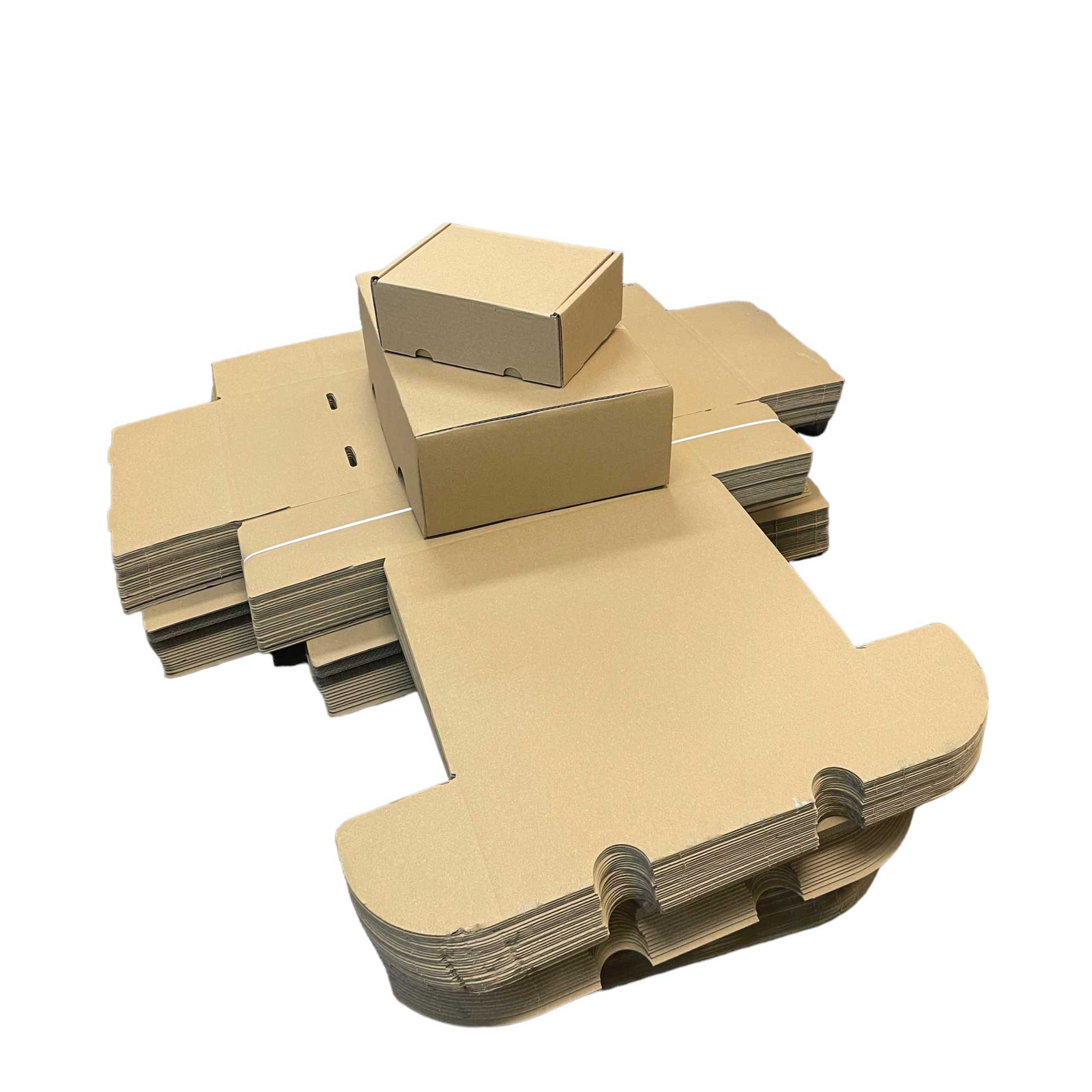 A stack of 72 die cut cardboard boxes in Kraft Brown color, measuring 220x170x90mm, ideal for shipping and packaging small items securely.