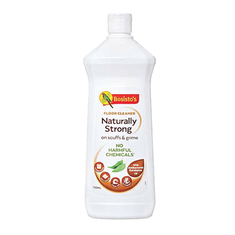 Bosisto's 750ml Floor Cleaner bottle with eucalyptus oil, designed for wood, tile, and marble surfaces, showcasing its eco-friendly and antibacterial properties.