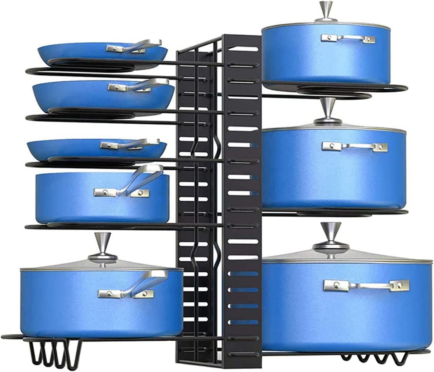 Adjustable 8 pots and pans holder organizer under cabinet, showcasing its sturdy design and multiple storage options.