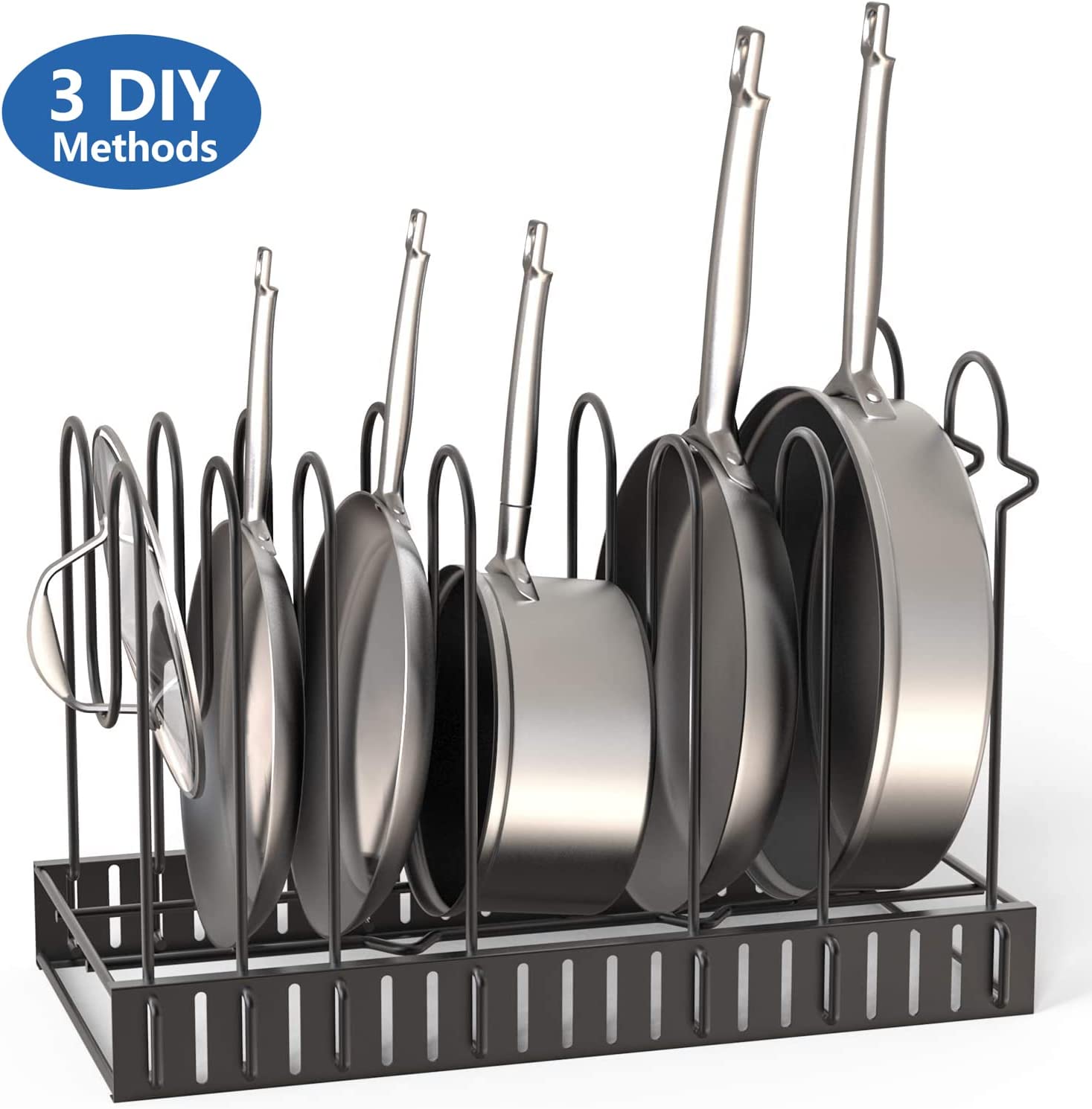 Adjustable 8 pots and pans holder organizer under cabinet, showcasing its sturdy design and multiple storage options.