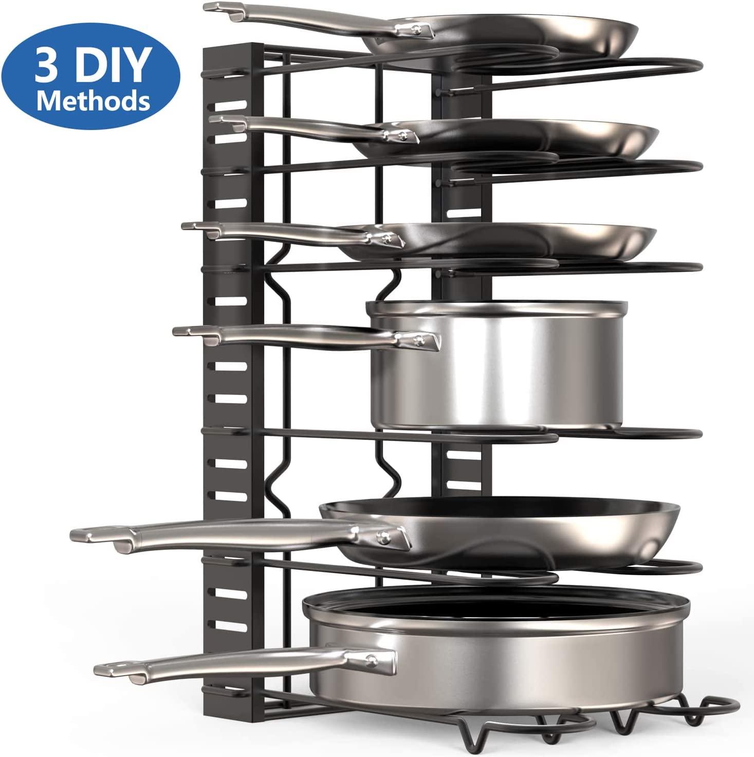 Adjustable 8 pots and pans holder organizer under cabinet, showcasing its sturdy design and multiple storage options.