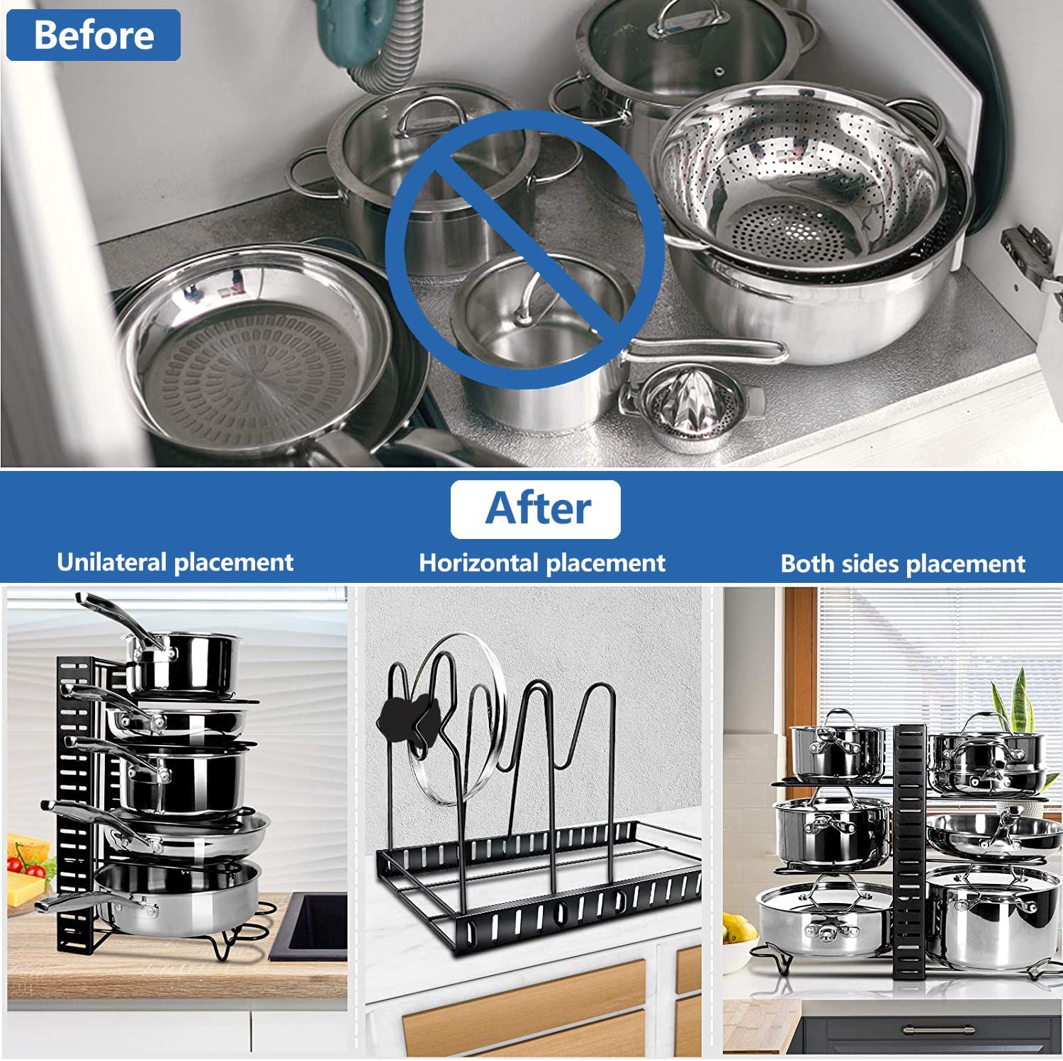 Adjustable 8 pots and pans holder organizer under cabinet, showcasing its sturdy design and multiple storage options.