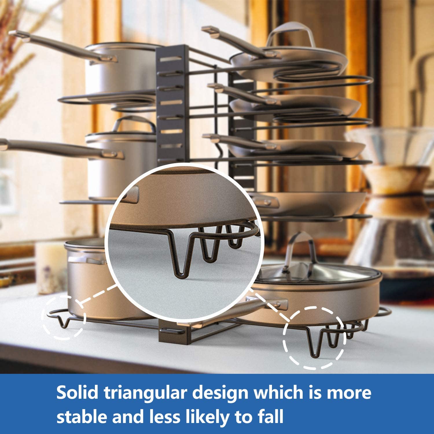 Adjustable 8 pots and pans holder organizer under cabinet, showcasing its sturdy design and multiple storage options.