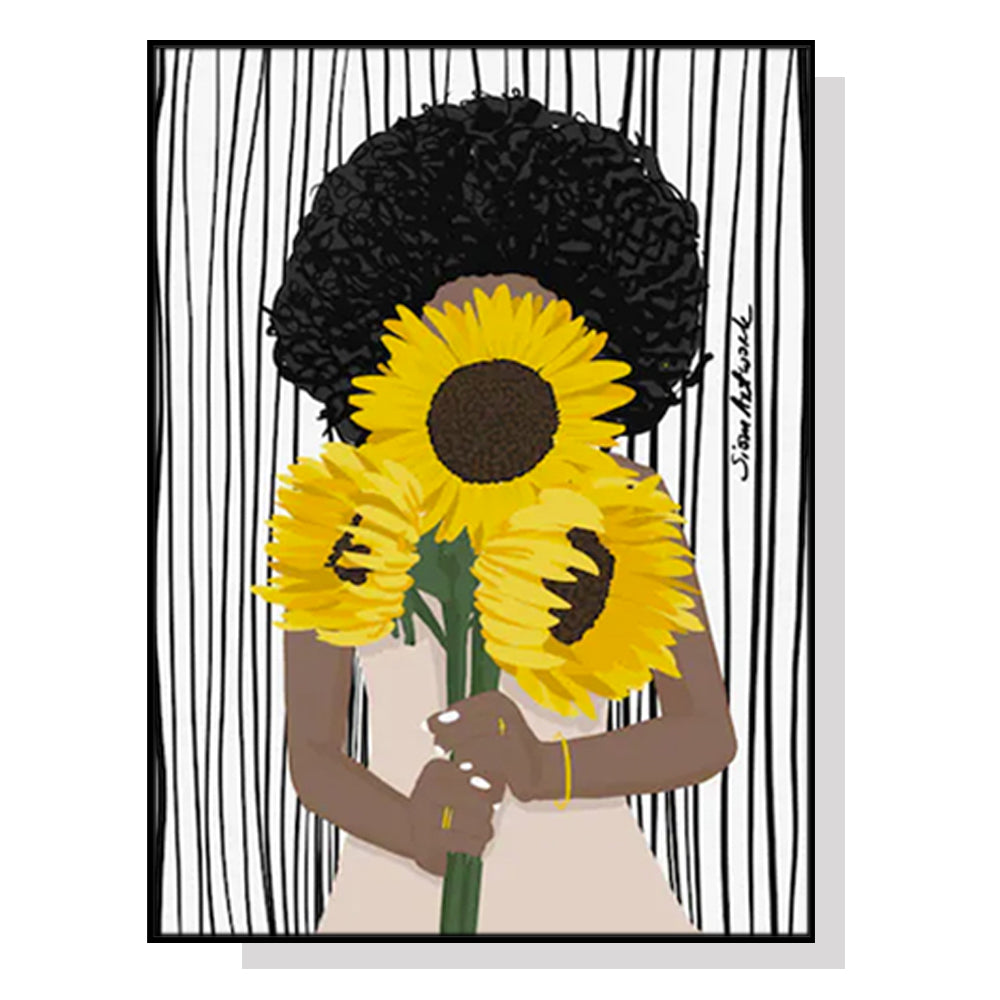 80cmx120cm canvas wall art featuring an African woman surrounded by sunflowers, framed in a sleek black frame.