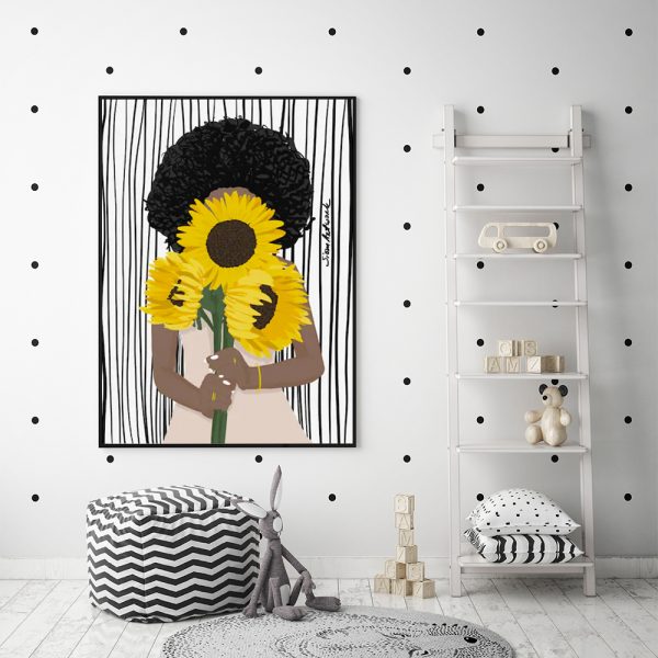 80cmx120cm canvas wall art featuring an African woman surrounded by sunflowers, framed in a sleek black frame.