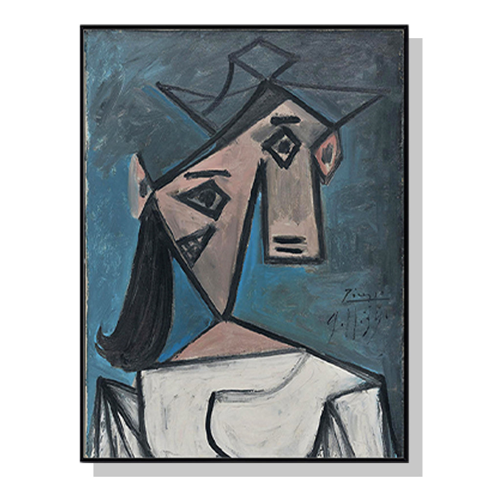 80cmx120cm canvas print of Picasso's Head Of A Woman, framed in a sleek black floating frame, showcasing vibrant colors and artistic details.