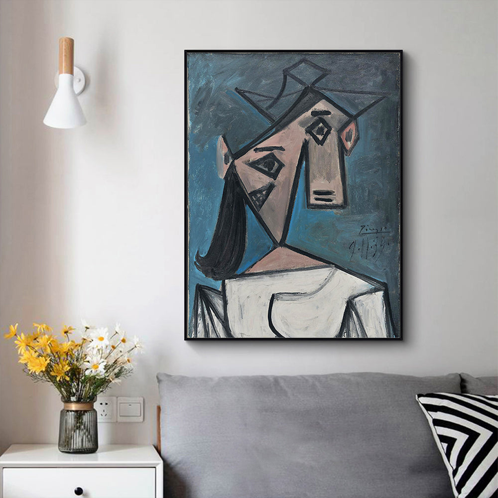 80cmx120cm canvas print of Picasso's Head Of A Woman, framed in a sleek black floating frame, showcasing vibrant colors and artistic details.