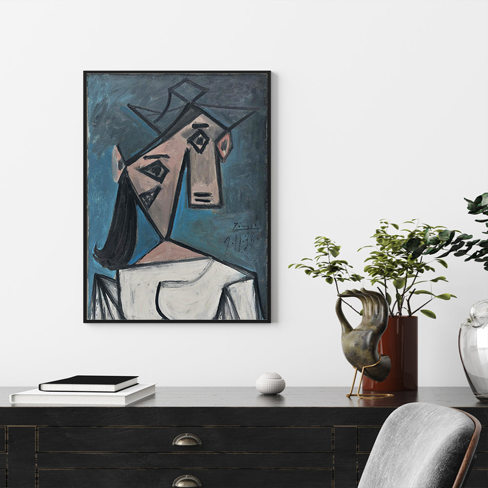 80cmx120cm canvas print of Picasso's Head Of A Woman, framed in a sleek black floating frame, showcasing vibrant colors and artistic details.