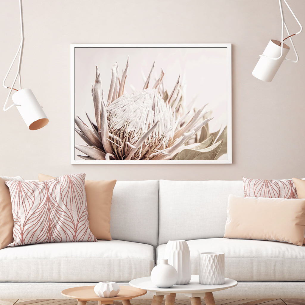 80cmx120cm Pure Protea II canvas wall art in a white floating frame, showcasing vibrant floral design.