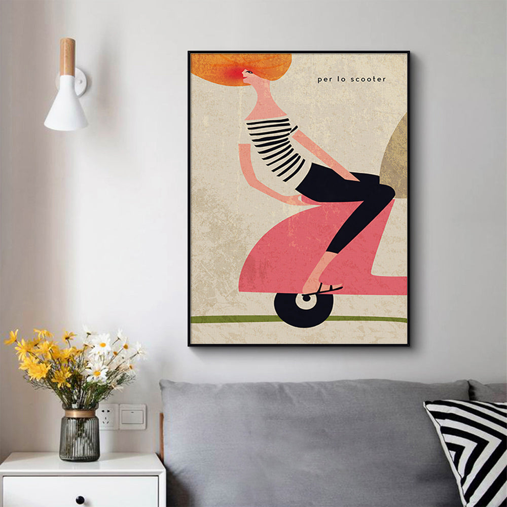 80cmx120cm Scooter Black Frame Canvas Wall Art showcasing vibrant colors and elegant floating frame design.