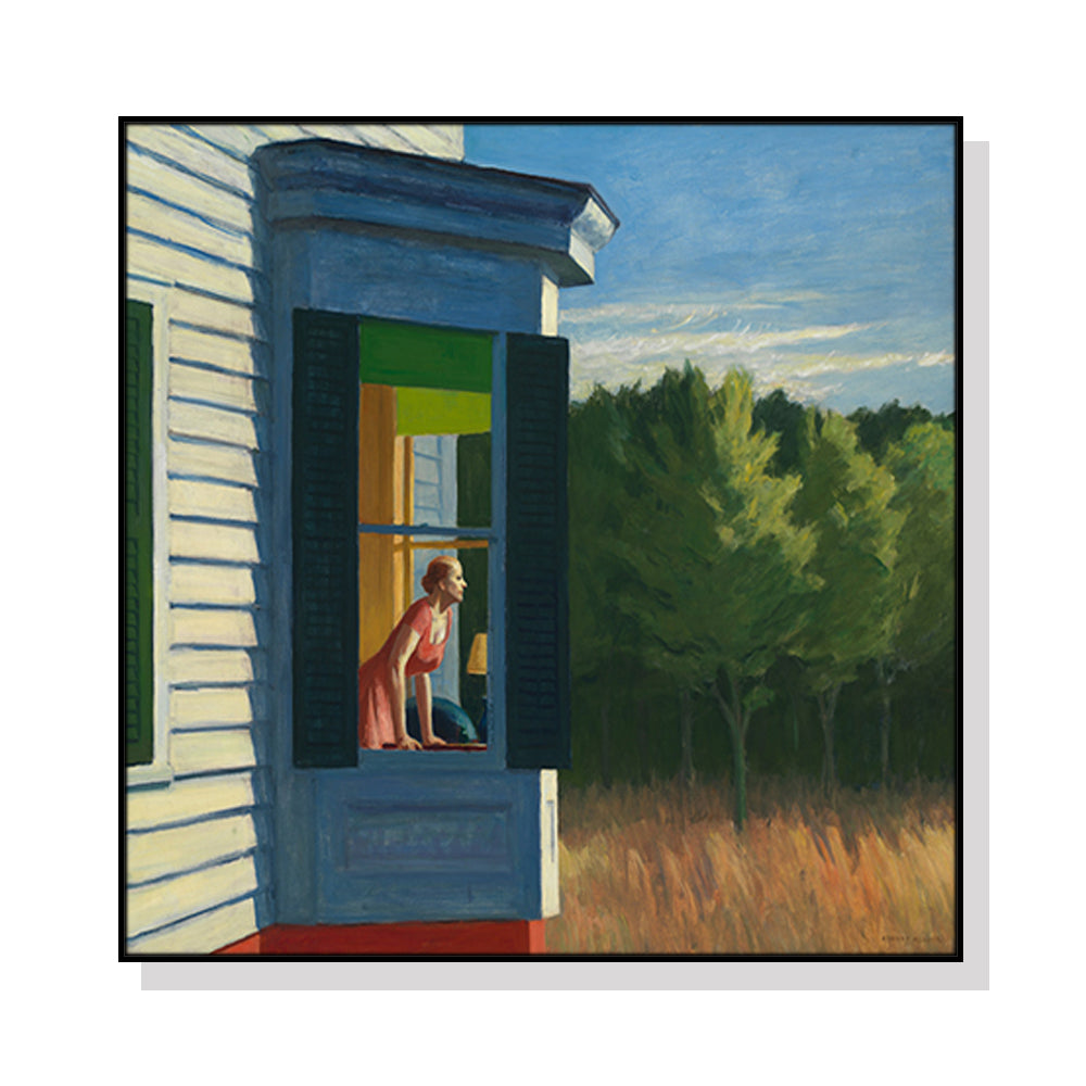 80cmx80cm canvas print of Cape Cod Morning by Edward Hopper, framed in a sleek black floating frame, showcasing serene coastal scenery.