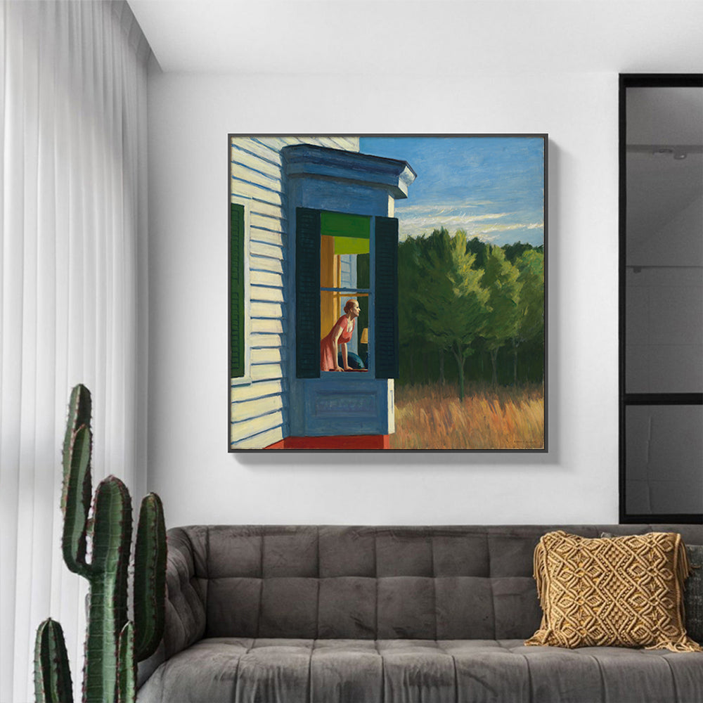 80cmx80cm canvas print of Cape Cod Morning by Edward Hopper, framed in a sleek black floating frame, showcasing serene coastal scenery.