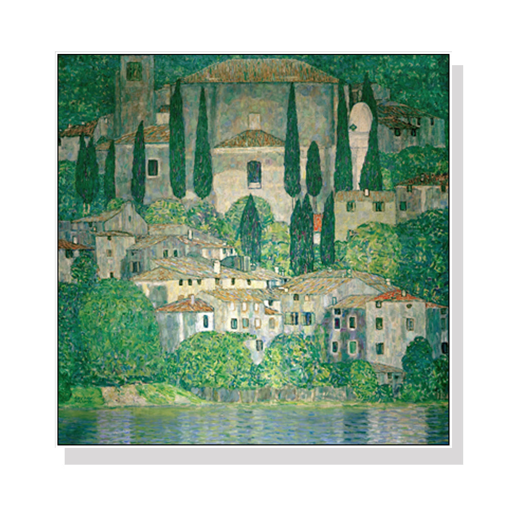 80cmx80cm Kirche In Cassone canvas print by Gustav Klimt, framed with a floating effect, showcasing intricate patterns and vibrant colors.