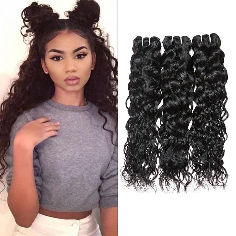 Three bundles of 8A Mink Hair Natural Water Wave Hair, showcasing its beautiful texture and quality, perfect for styling and customization.