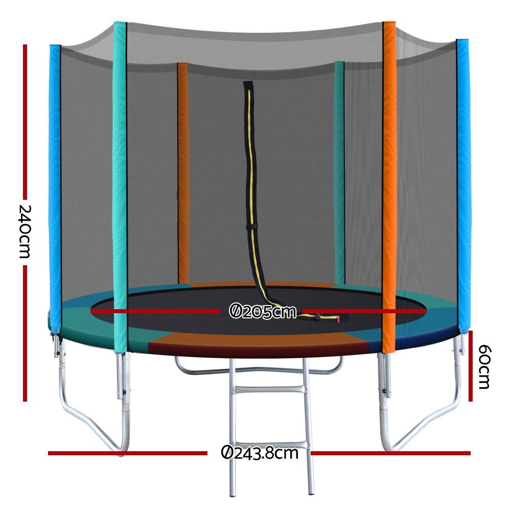 8FT round trampoline with safety net enclosure, heavy-gauge steel frame, and thick padding, designed for kids outdoor play.