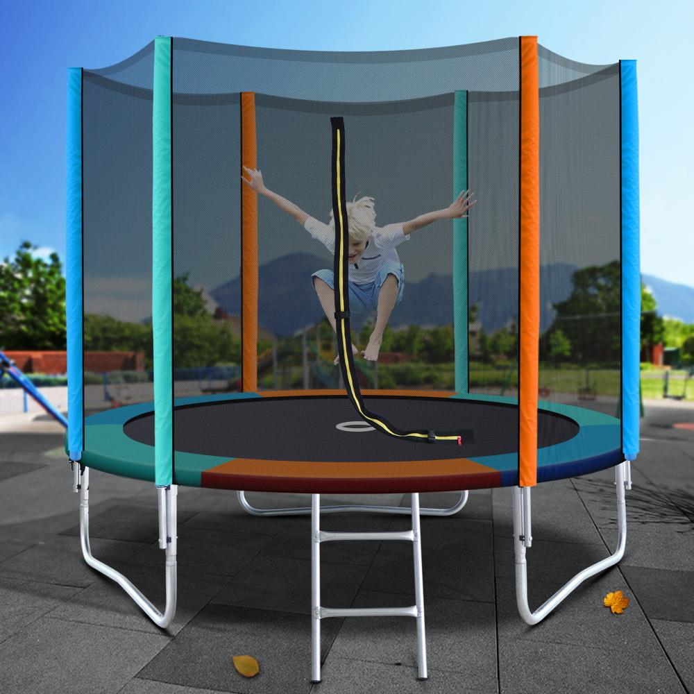 8FT round trampoline with safety net enclosure, heavy-gauge steel frame, and thick padding, designed for kids outdoor play.