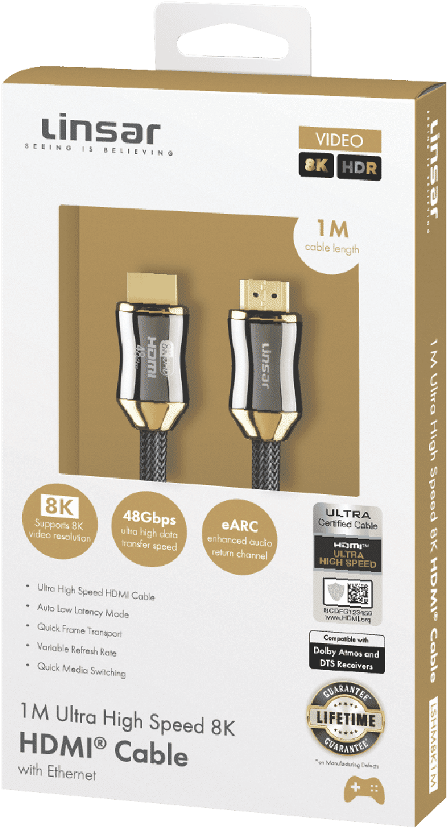 8K High Speed HDMI Cable (1M) LSHM8K1M with connectors, showcasing its ultra high-speed capabilities.