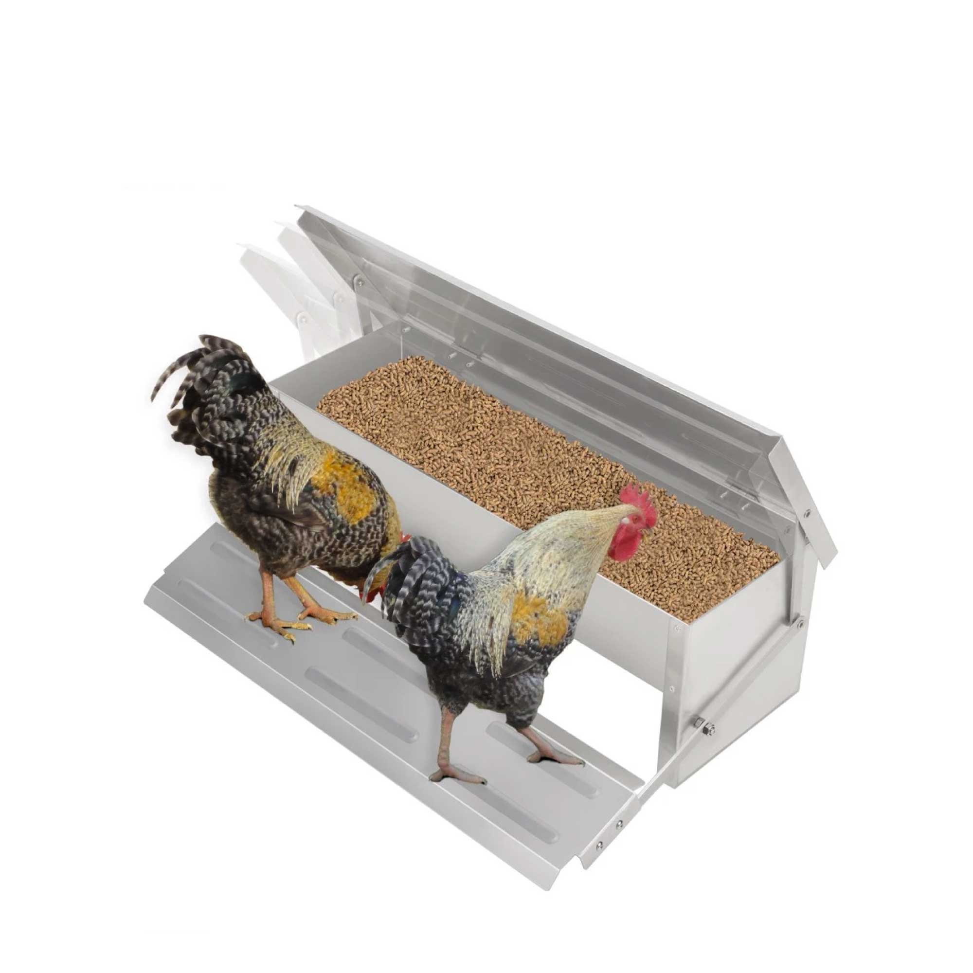 8L Automatic Chook Chicken Feeder made of rust-proof aluminium, featuring a treadle mechanism for self-feeding chickens.