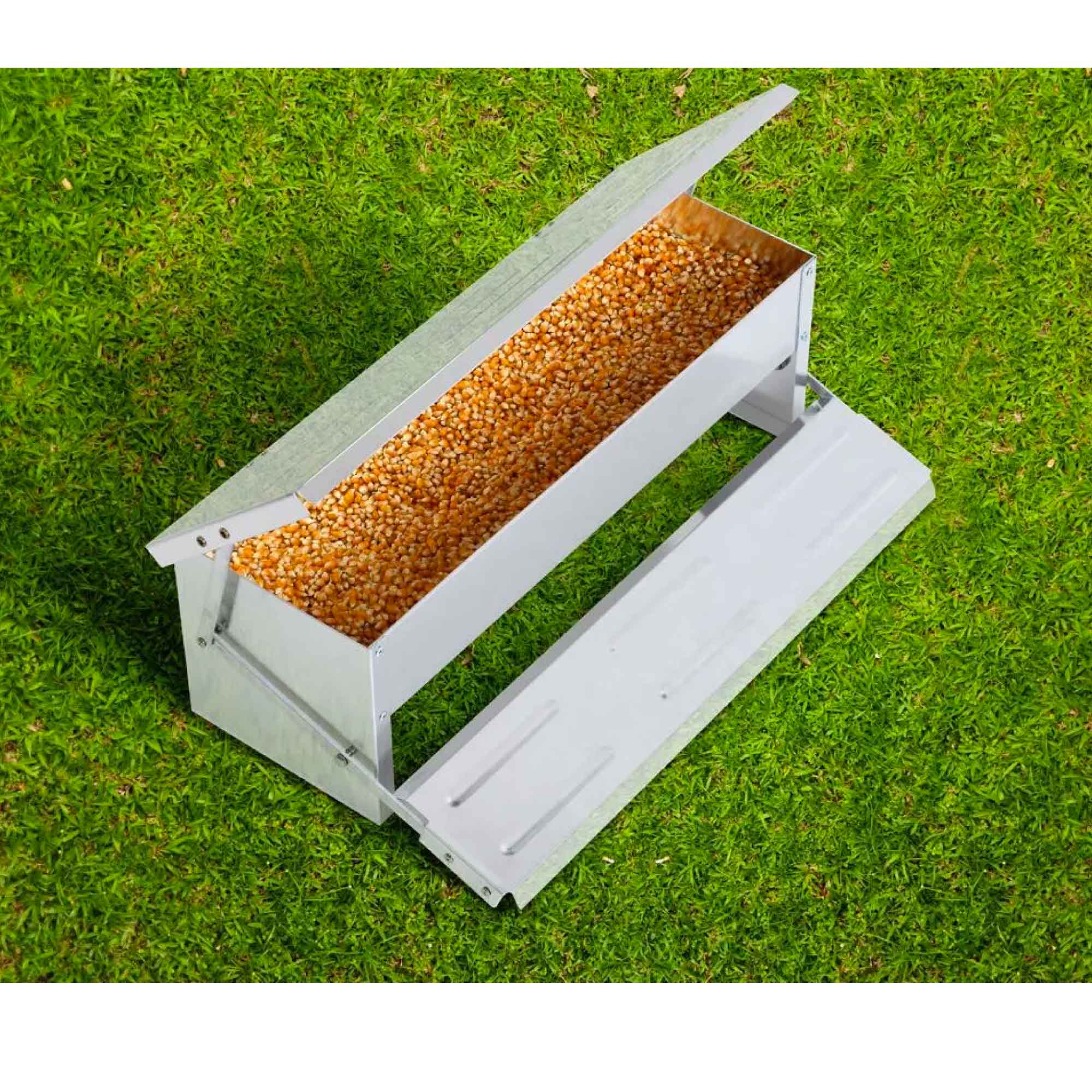 8L Automatic Chook Chicken Feeder made of rust-proof aluminium, featuring a treadle mechanism for self-feeding chickens.