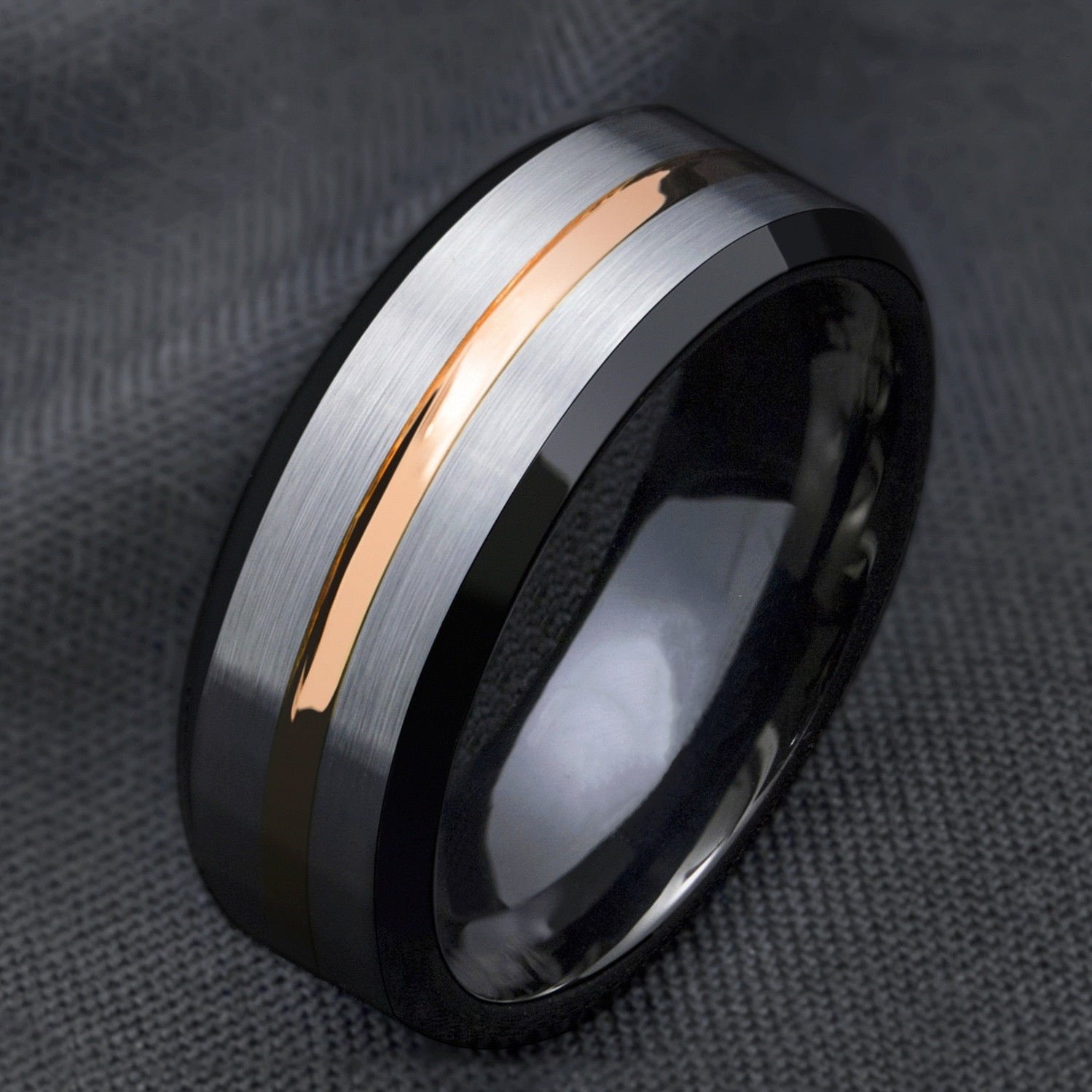 8mm Silver Brushed Tungsten Steel Ring with Black Edge and Gold Stripe, showcasing its elegant design and durable material.